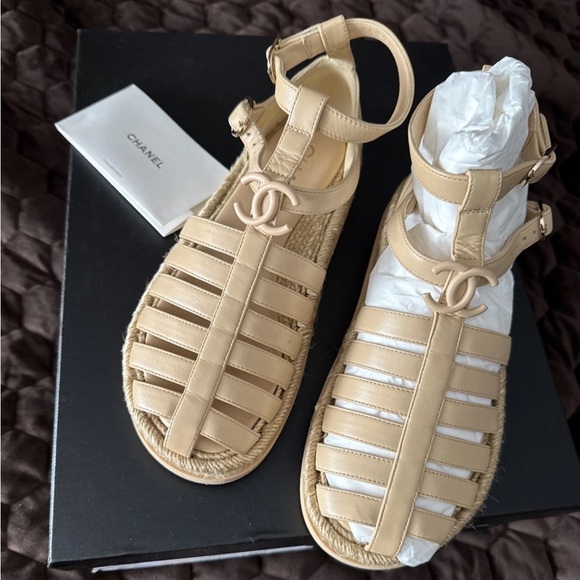 Chanel Beige Leather Sandals Fisherman Espadrilles New Size 36